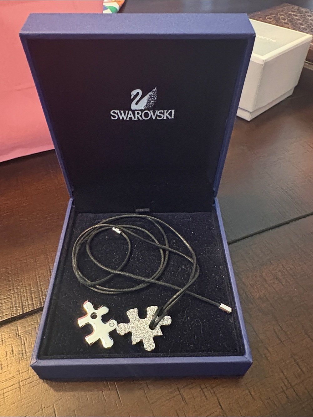 Swarovski Black Cord Tie Necklace with Silver and Glitter Puzzle Charms